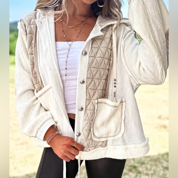 NWT POL Mixed Media Thermal Waffle Knit Quilted Hoodie Shacket Cream Jacket - Picture 4 of 6